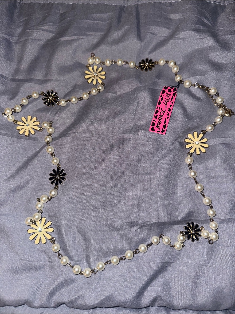Betsey Johnson Pearl Daisy Station Necklace in White and Gold